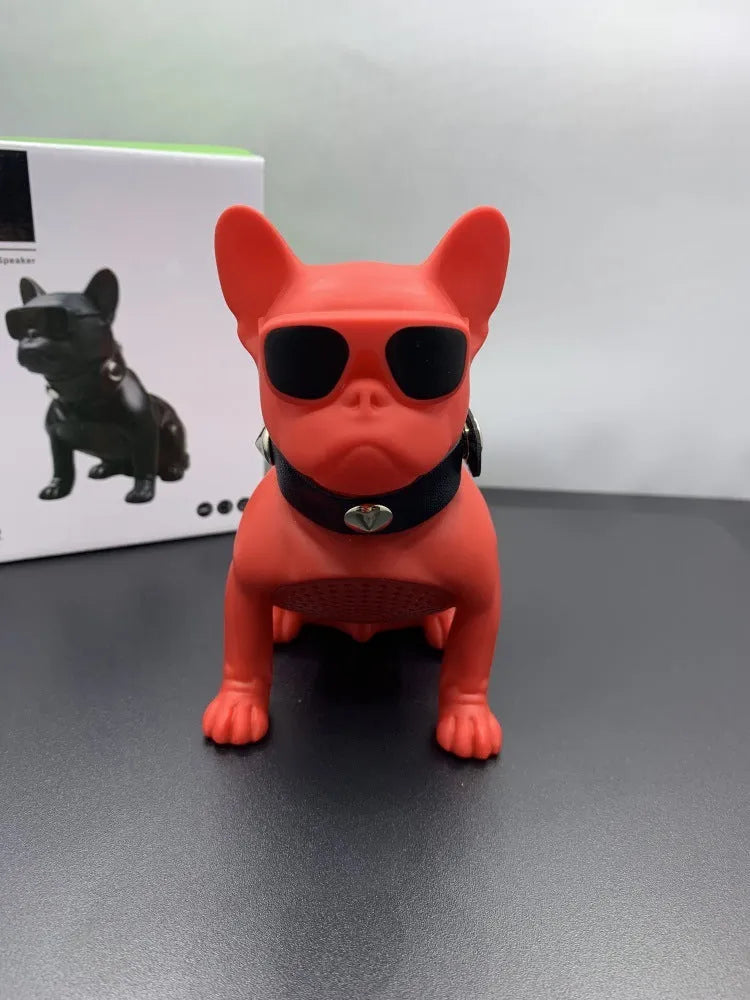 Mini Bluetooth speaker shaped like a bulldog, shown in black, red, and white colour options.