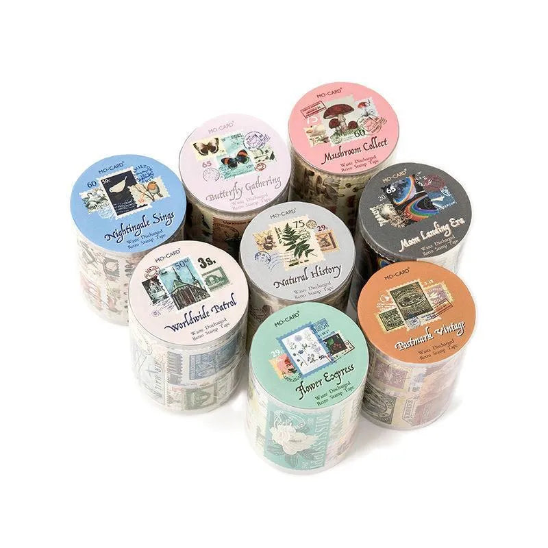 Roll of retro-style decorative coated paper stamps for journal decoration, 55mm wide.