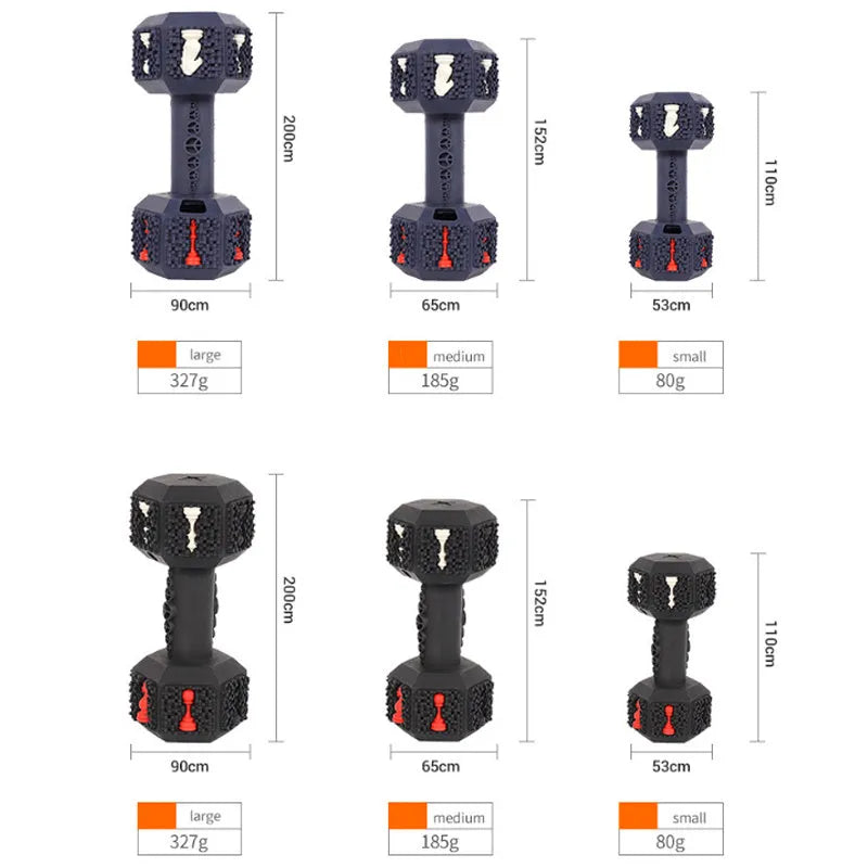 Rubber dumbbell dog chew toy for aggressive chewers with 3D texture and hollow treat compartments