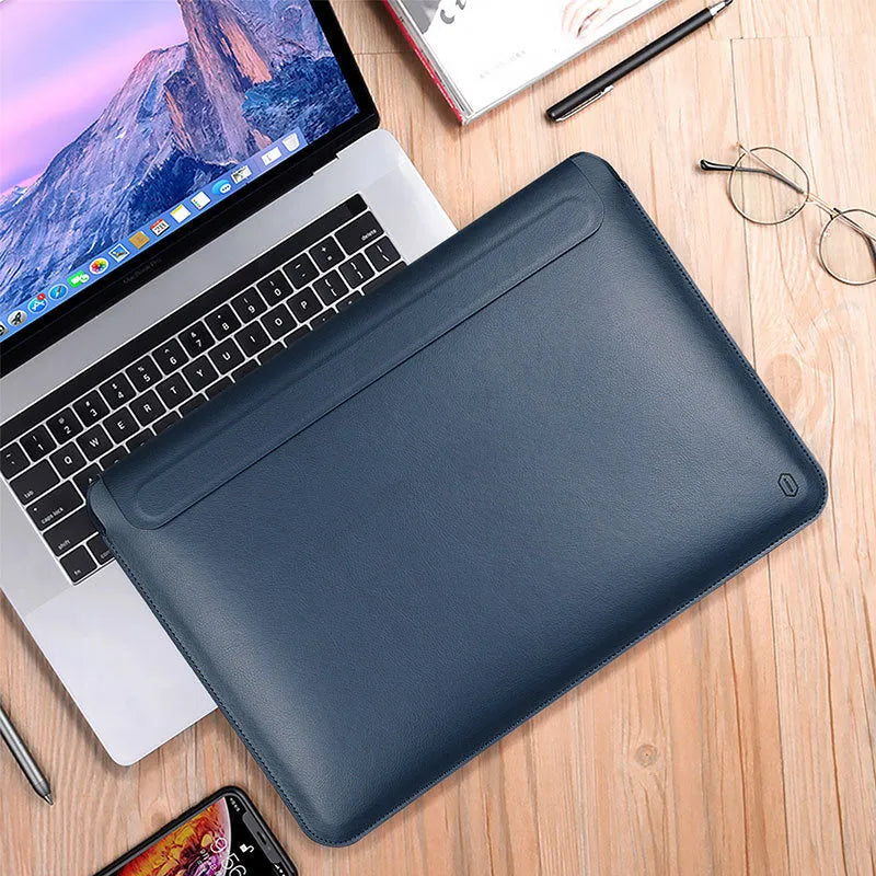 PU leather tablet computer bag in dark blue with soft handle and hook-and-loop closure for 13.3 to 16 inch laptops