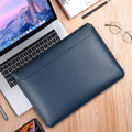 PU leather tablet computer bag in dark blue with soft handle and hook-and-loop closure for 13.3 to 16 inch laptops
