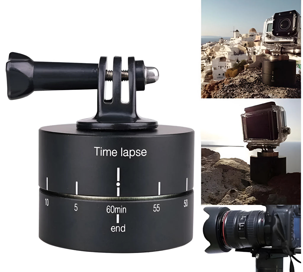 360-degree auto rotating camera tripod head mounted with GoPro camera