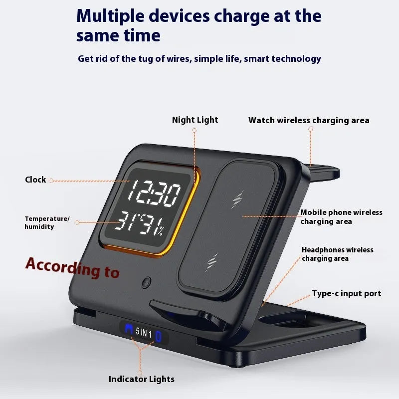 Black 5-in-1 wireless charging station showing phone charging alongside digital clock with temperature display