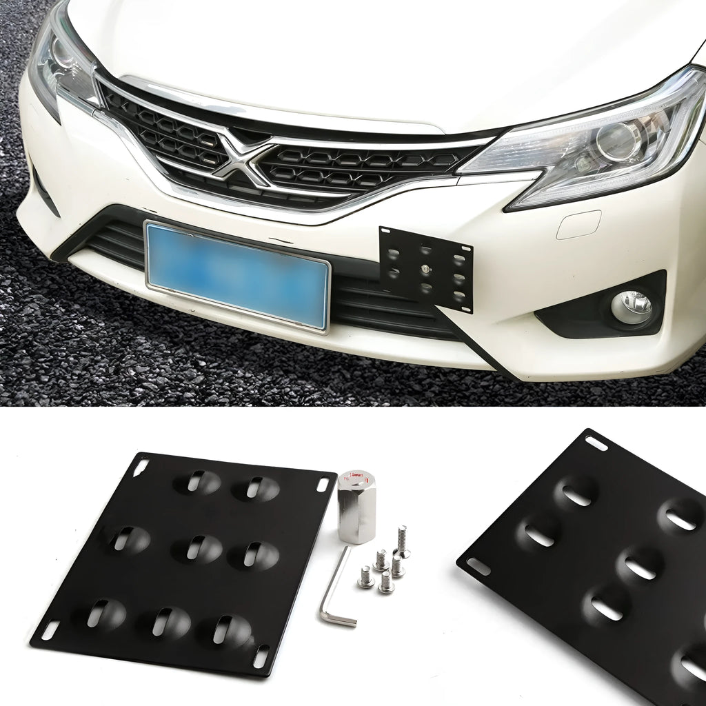 Silver metal car licence plate frame with a central towing hook, next to screws and a nut.