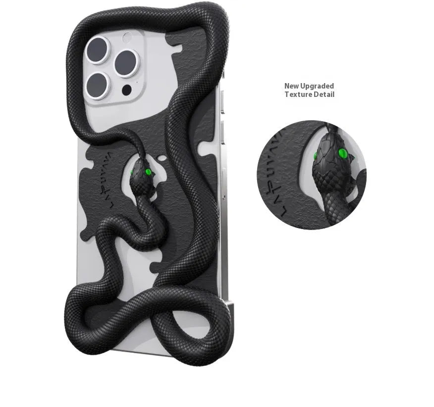 Black tailed snake hollowed decorative phone case for iPhone 16 Pro Max with stone pattern finish