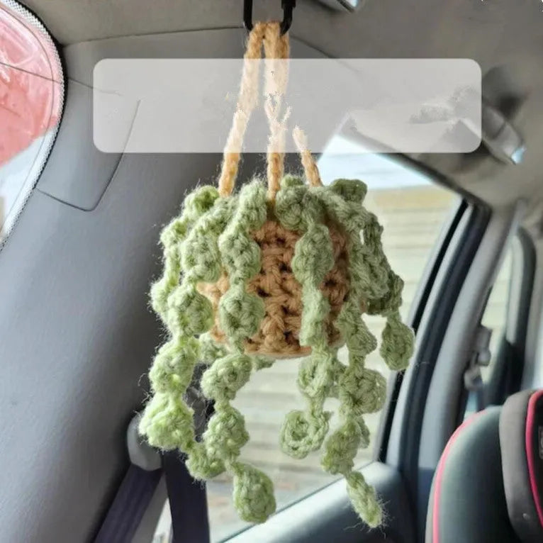 Green and white knitted wool succulent car ornament with 8cm base and hanging cord