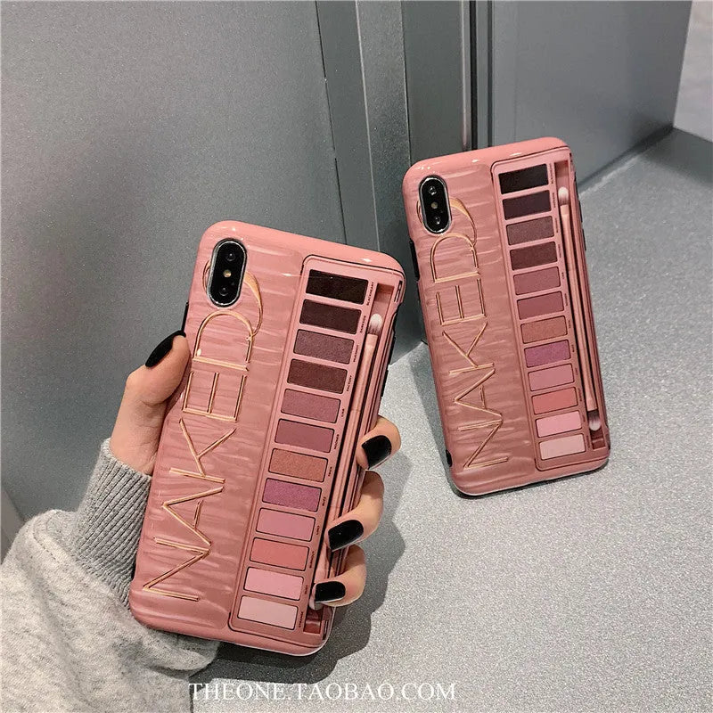 Silicone iPhone case with an eye shadow colour palette design, shown in Flesh and Grey colours.