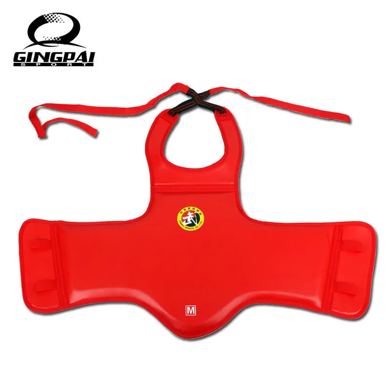 Red boxing helmet and chest protector set for martial arts training and competition