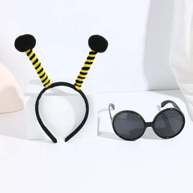 Bee costume headband and glasses set in cloth material with bee and butterfly decorations