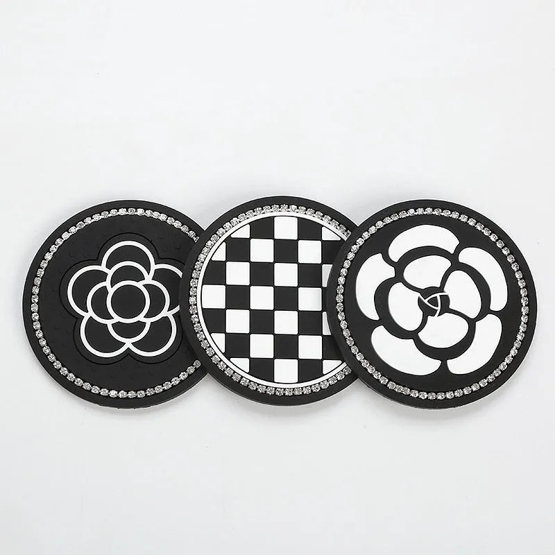 PVC plastic car water cup mat coaster in black and white checkerboard pattern for dashboard cup holder