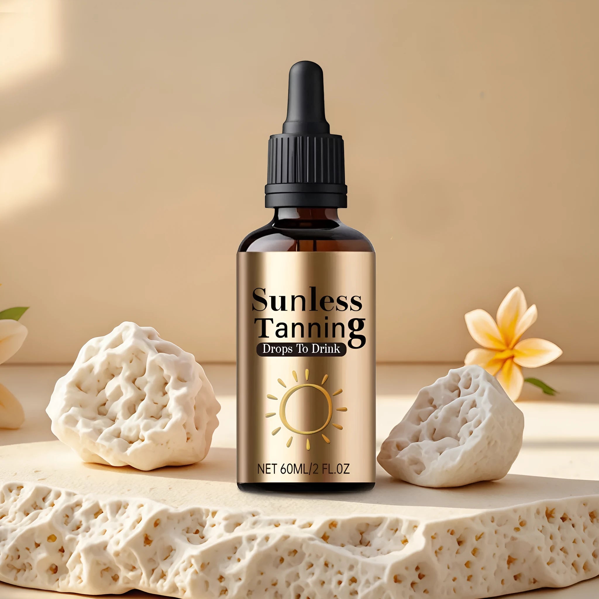 Black bottle containing 60ml of unisex oral drops for universal skin care