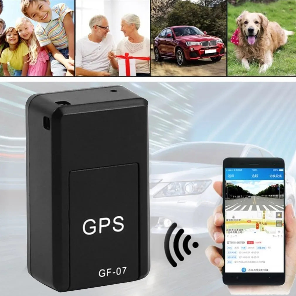 Black magnetic GPS car tracker device with compact rectangular design and USB charging port