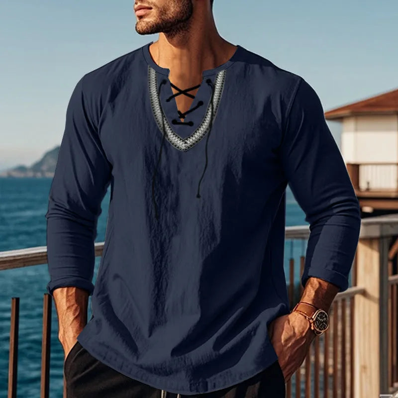 Men's cotton blend pullover shirt in retro ethnic colour block, navy blue colour, loose fit, long sleeves