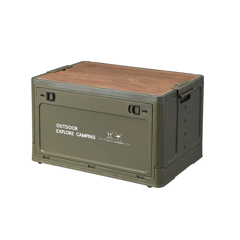Large plastic storage box with wooden lid in ivory white colour showing 45L capacity dimensions