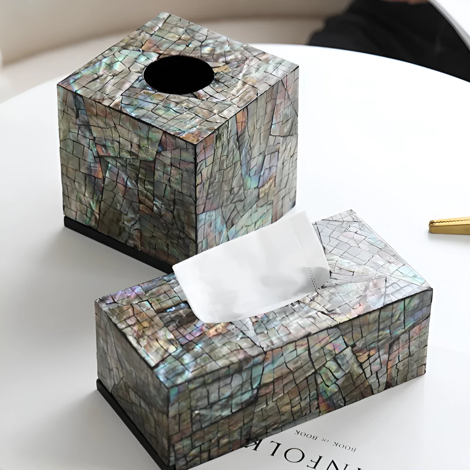 Natural shell tissue box storage in black with modern minimalist design, showing rectangular and square options