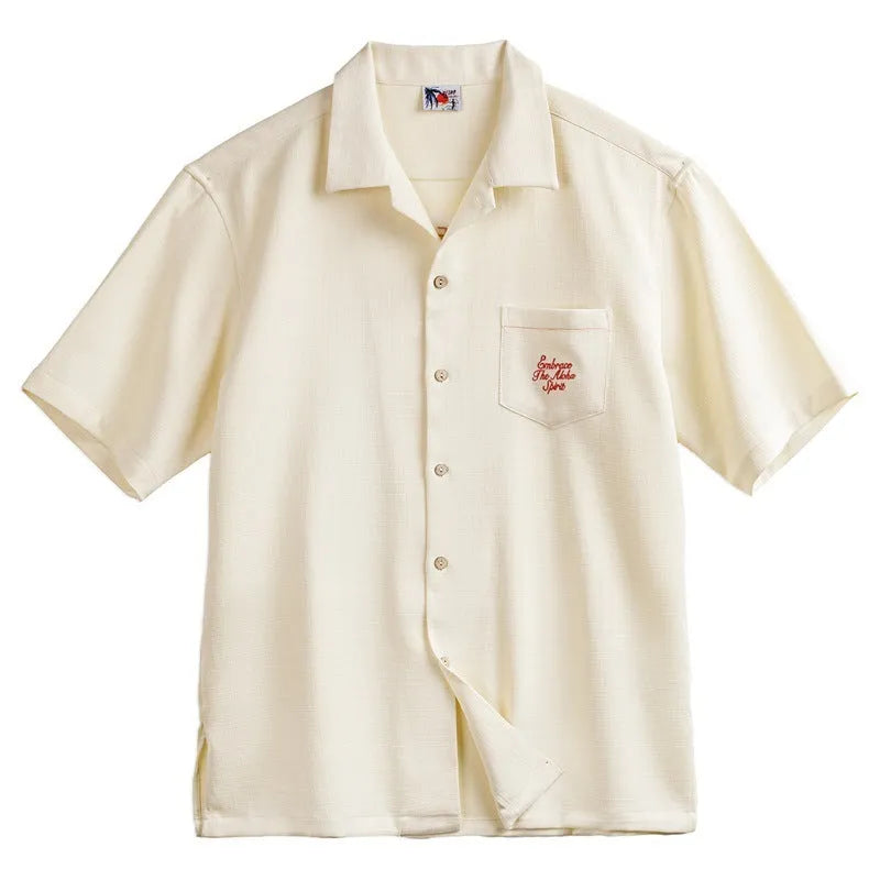 Light apricot men's Cuban collar shirt with bamboo and floral pattern