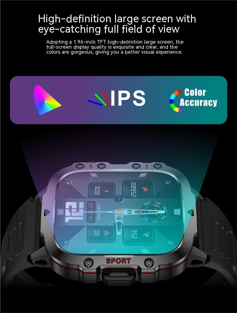 QX11 smartwatch with black zinc alloy case and TFT touch screen displaying heart rate data.