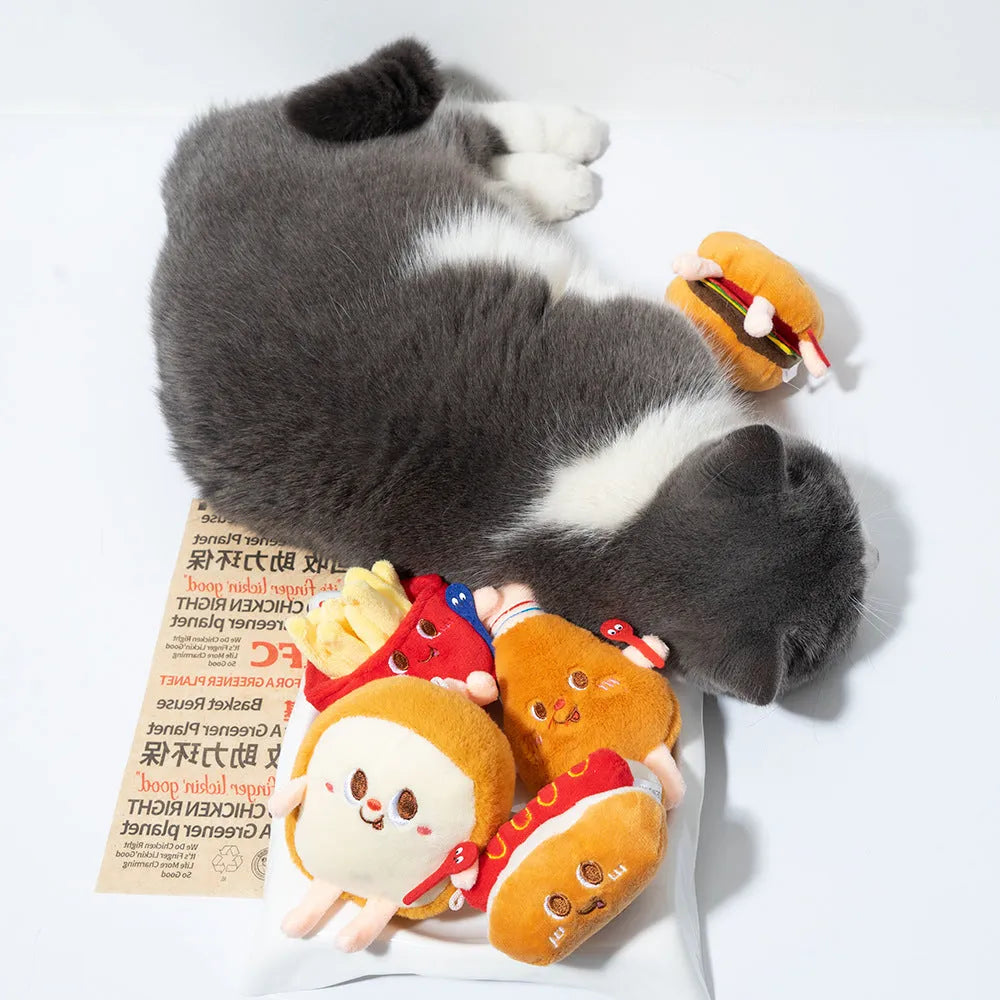 Set of five cat teething toys shaped like hamburger, chicken leg, fries, bread and hot dog
