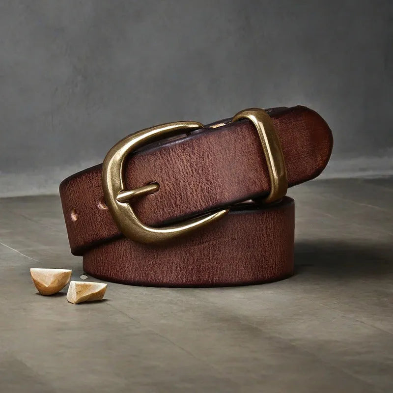 Men's genuine cowhide leather belt with copper pin buckle in black, brown, or khaki.