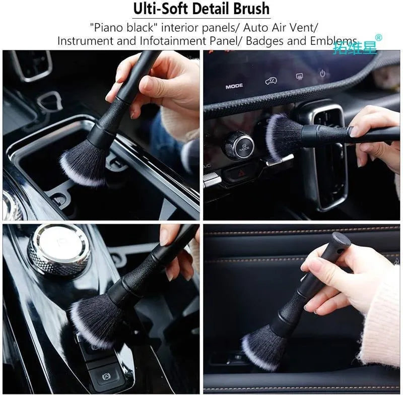 Black car detailing brush with super soft pig hair bristles and PP handle in two sizes for vehicle interior cleaning