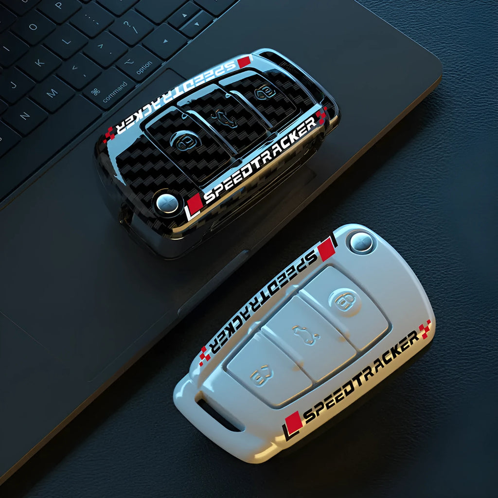 Carbon fibre style car key cover with mirror accent in carbon and white colour options