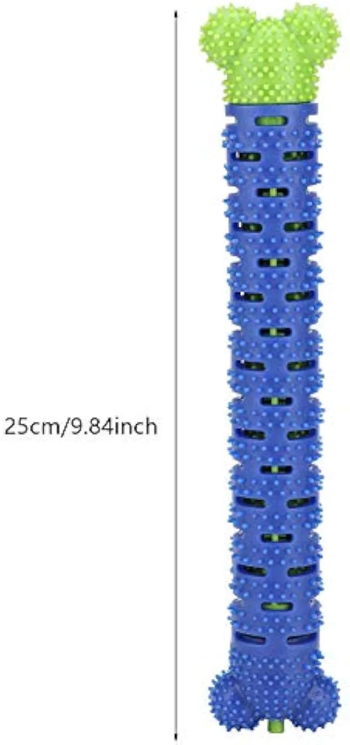 Blue-green silicone dog dental chew toy with brush head design and gum massage nodules for teeth cleaning