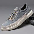 Men's low-top grey casual skate shoes with pigskin leather upper and rubber sole