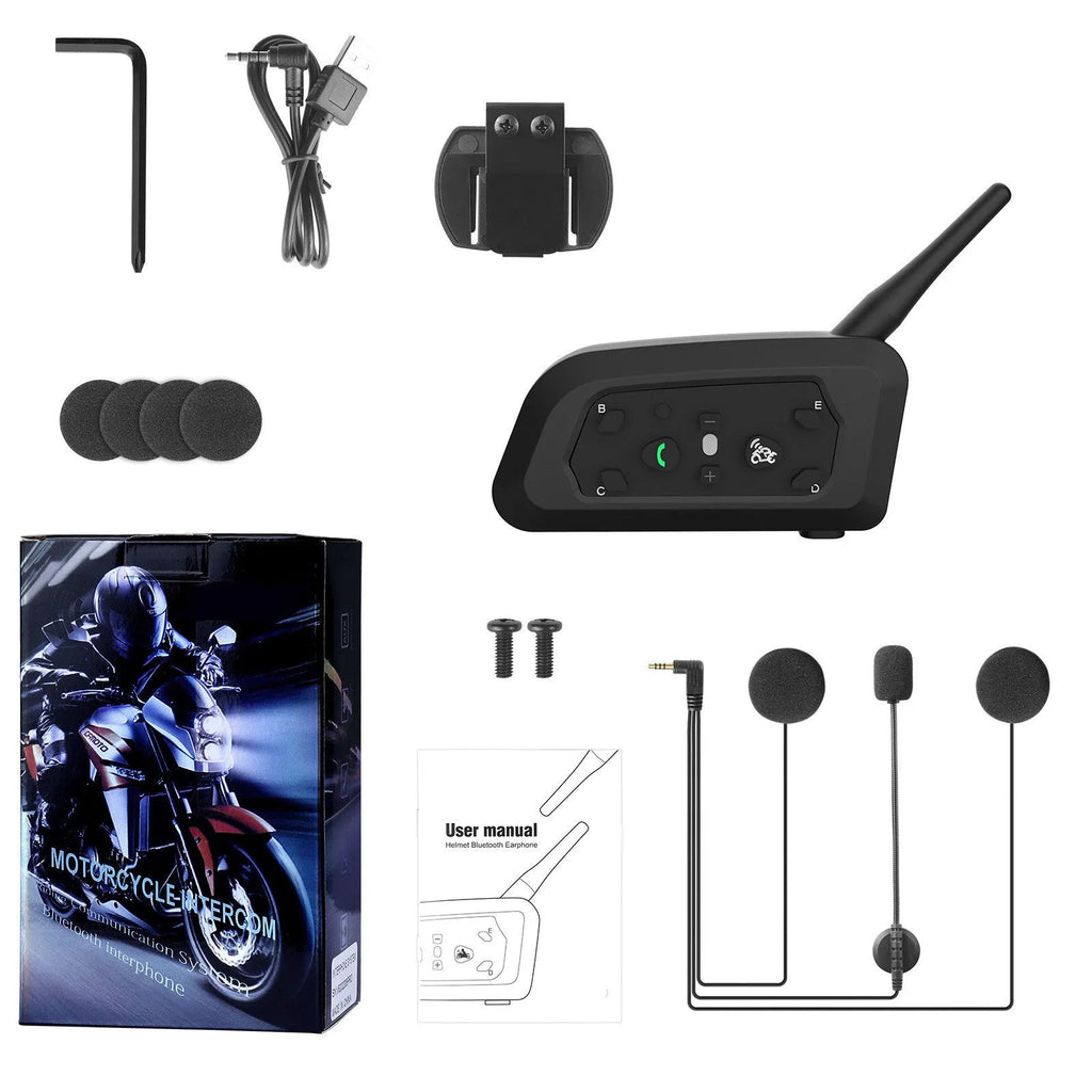 V6 Pro motorcycle Bluetooth intercom unit with mounting clip and charging cable on a motorcycle handlebar.