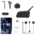 V6 Pro motorcycle Bluetooth intercom unit with mounting clip and charging cable on a motorcycle handlebar.