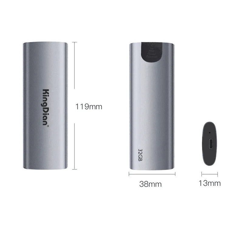 Grey aluminium portable SSD hard drive with USB 3.0 connector for mobile phones and computers.