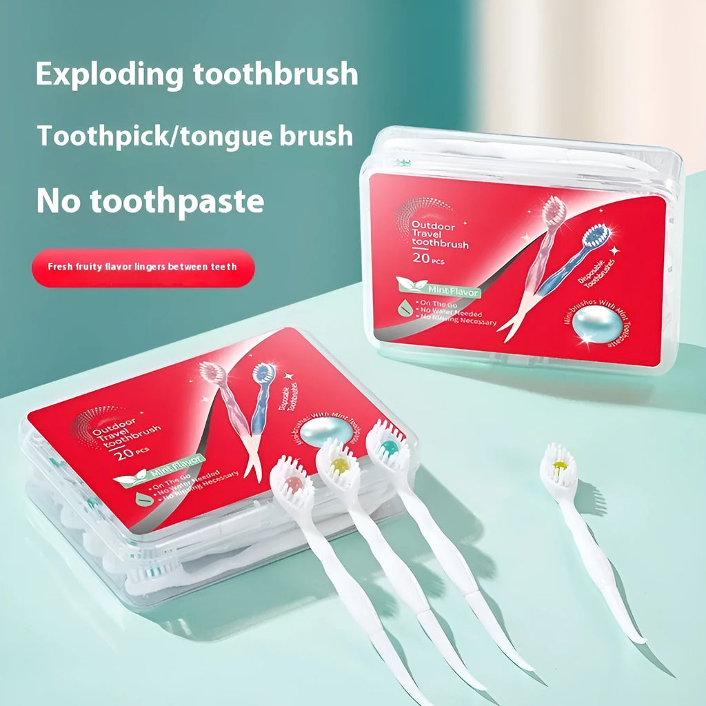 Box containing 20 individual pre-pasted bead toothbrushes for travel, shown with mint, peach, and green tea flavour options.