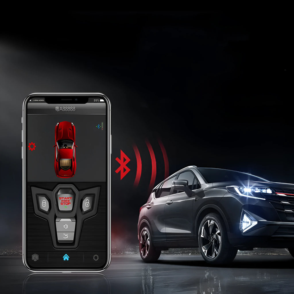 Black and red frosted one-way remote control car alarm system with two remotes for 3000m range security.