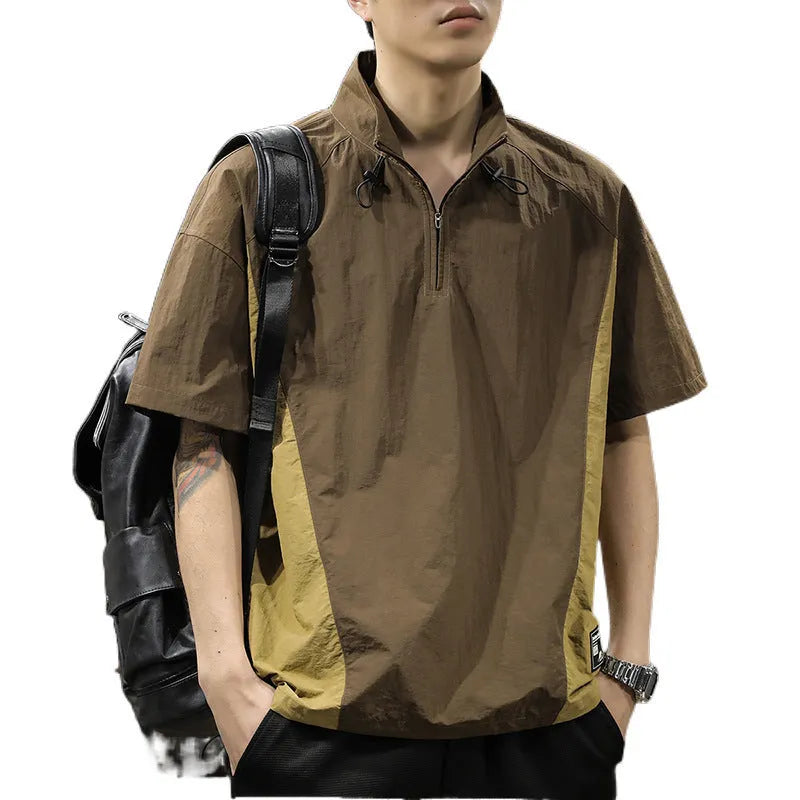Men's brown ice silk business shirt with half-zip stand collar and short sleeves shown front view