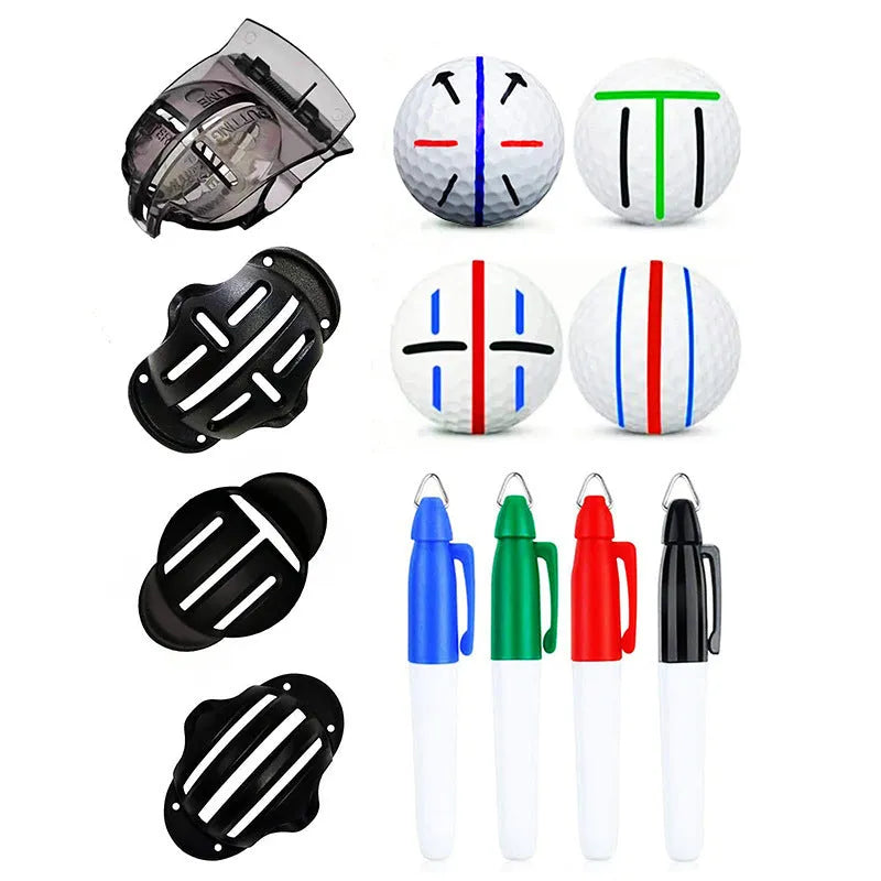 Plastic golf putter alignment tool set with four scribers and one drawing pen on a green.