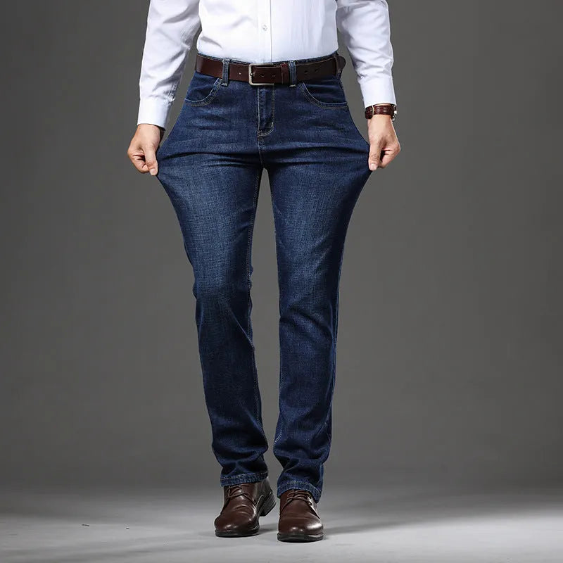 Stretch jeans in black and blue denim with straight-leg fit and high elasticity fabric