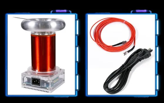 220V Tesla coil driver board with controller generating musical plasma arcs for demonstrations