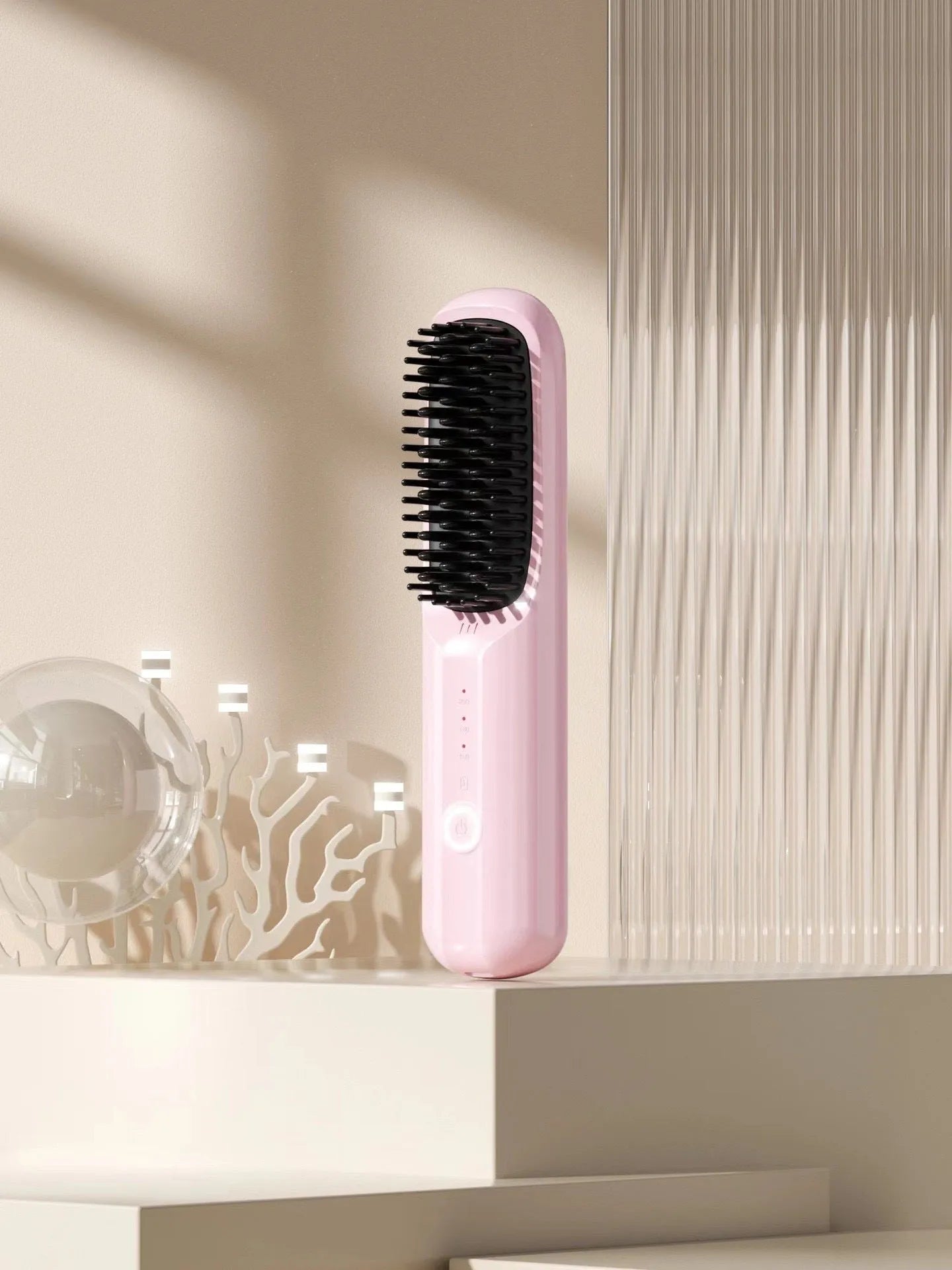 Wireless anion hair straightening comb in beige, pink, purple, or black colour options.
