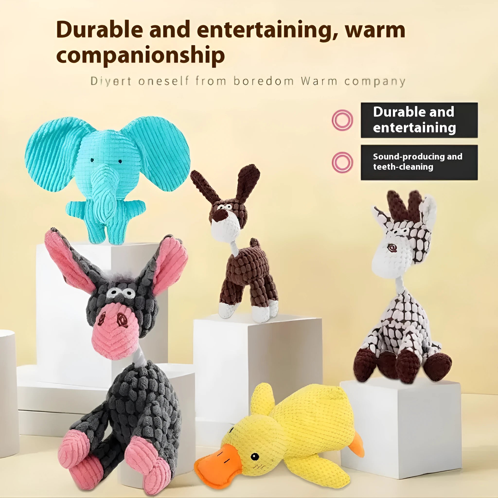 A selection of plush puppy chew toys showing different character styles including a donkey, a rechargeable duck, a blue elephant, a dizzy dog, and a blink elephant.