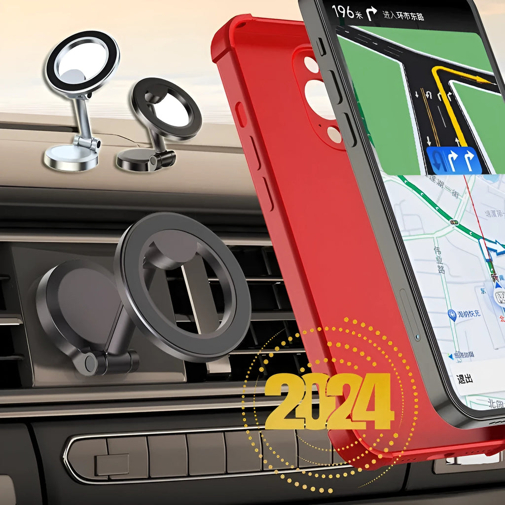 All-metal magnetic car phone mount with foldable design in Qian Colour on car dashboard