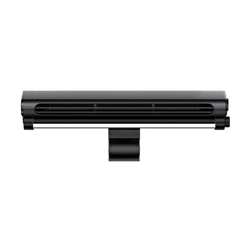 Black USB-powered bladeless clip-on laptop fan with integrated lighting lamp attached to computer screen