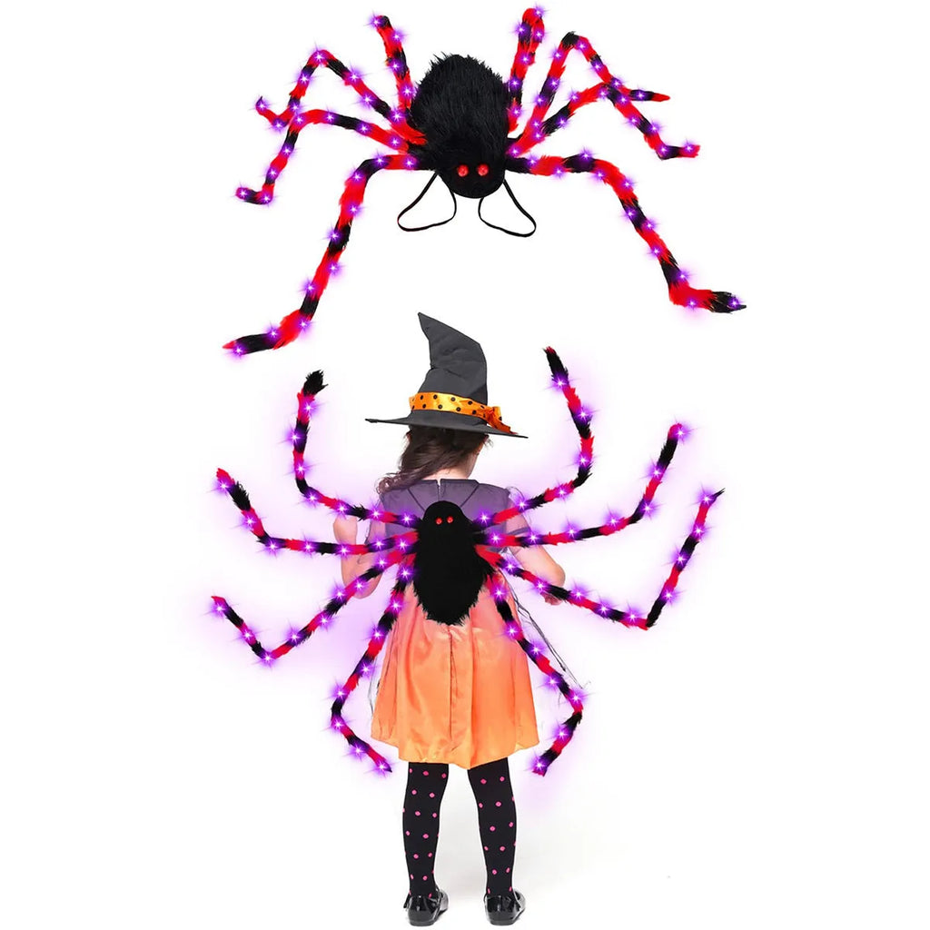 Halloween spider backpack with purple LED lights on plush sugar bag material