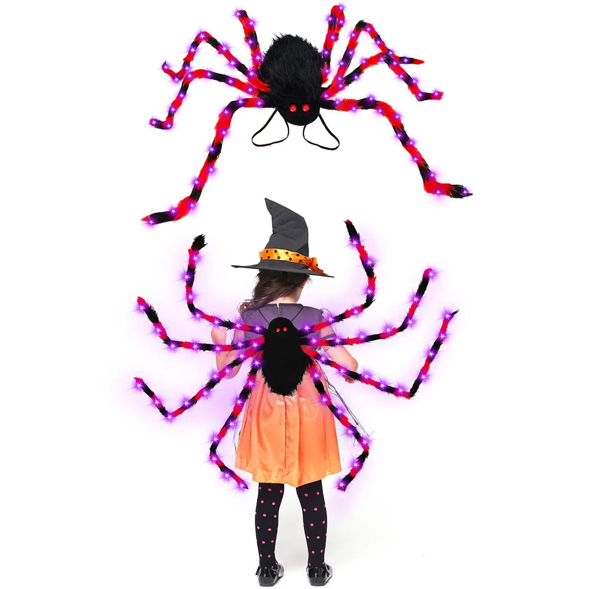 Halloween spider backpack with purple LED lights on plush sugar bag material