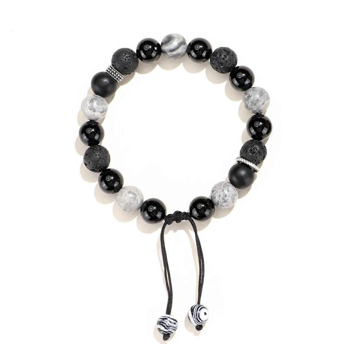 Black agate map stone volcanic rock bracelet with diamond shape elements, 10mm and 8mm sizes