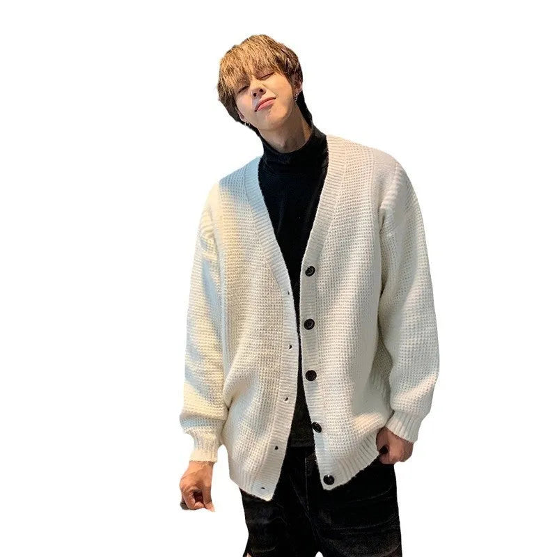 Men's loose fit V-neck knitting cardigan in a cotton blend fabric, shown in Army Green.