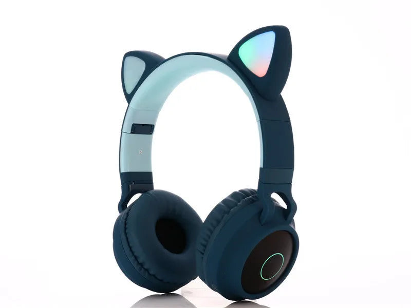 Cartoon cat ears wireless Bluetooth gaming headset showing colour options including pink, light blue, purple, skin tone, and green