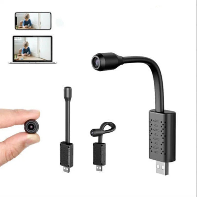 Black V380 wireless USB HD camera showing compact 158mm length on a plain surface.