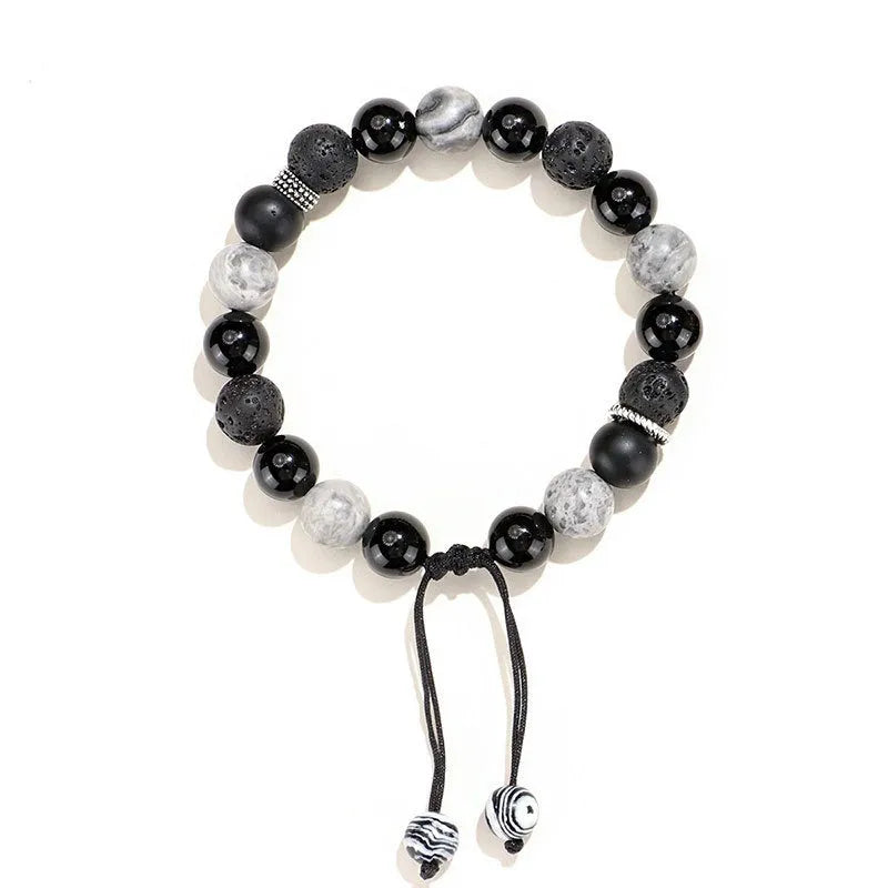 Black agate map stone volcanic rock bracelet with diamond shape elements, 10mm and 8mm sizes