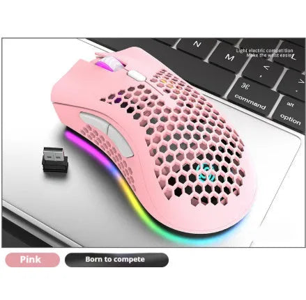 Hollow shell luminous wireless gaming mouse in cyan colour with USB receiver