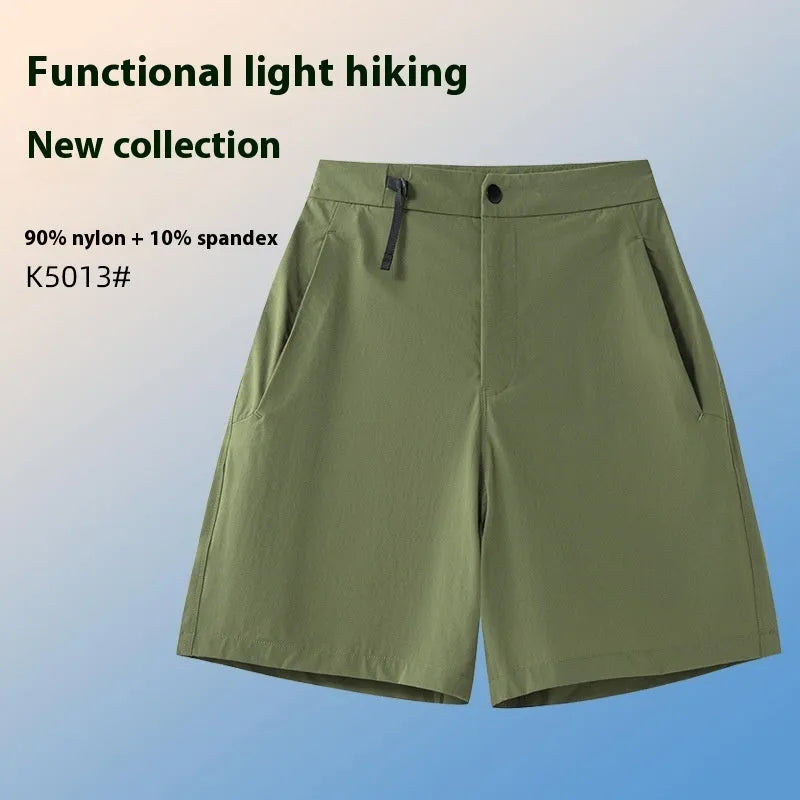 Men's quick-drying sports shorts in Army Green colour showing elastic fit and 3D cut for athletic movement.