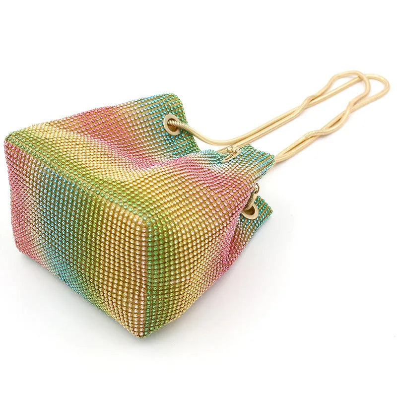 Colourful rhinestone bucket bag with rainbow diamond bead design